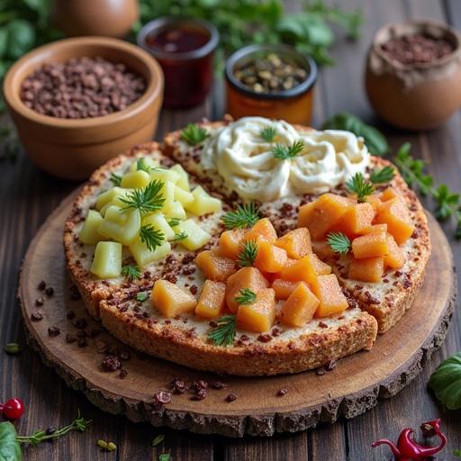 A beautifully arranged wooden platter featuring healthy food. Colorful cubes of melon and cream topping. Surrounded by pottery and herbs. Natural lighting enhances the presentation.