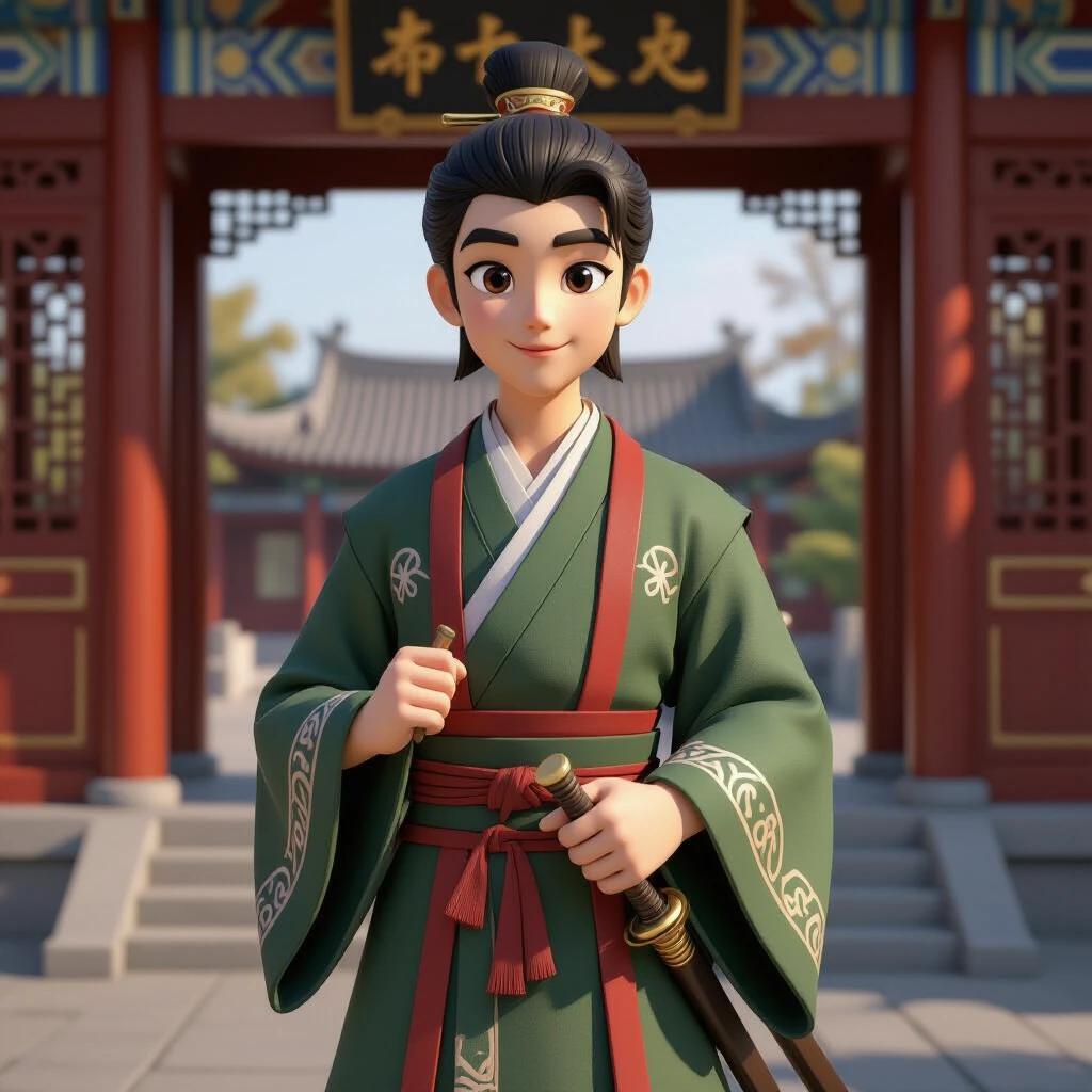 3D realistic character design resembling traditional Chinese style. A young male character in his twenties with tousled brown hair and notable simian facial features. Large, bright eyes, a pronounced pointed nose, and thin lips are evident. The character has strong limbs and is positioned in a serene setting.