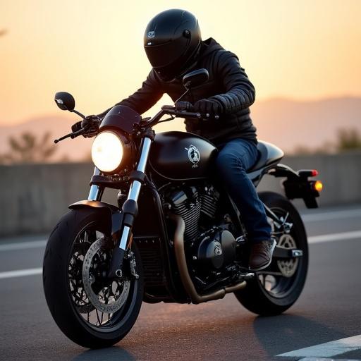 Image of a motorcycle on the road. Rider wears a helmet and black clothes. Sunset in the background with a scenic view.