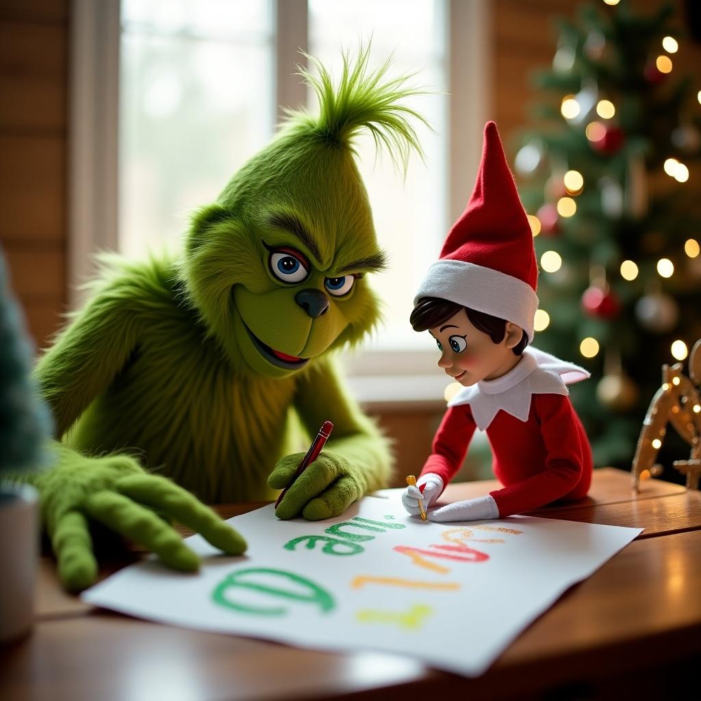 The Grinch and an Elf on the Shelf writing the name Daniel together at a table decorated for Christmas.