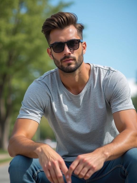 Realistic handsome American guy wearing grey t-shirt sits casually in the park. Pose shows full figure with front view. Modern stylish short sleeve t-shirt for men displayed on muscular model wearing sunglasses. Urban American street setting with clear blue sky in broad daylight. High detail fabric texture visible including wrinkles and stitches. Casual fashion photography style.