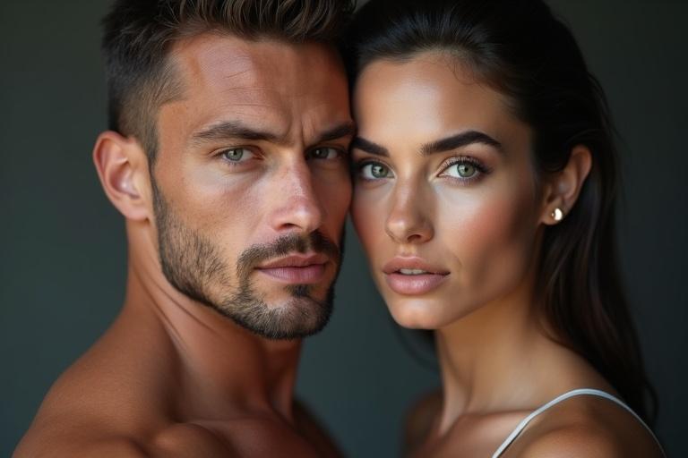 A portrait showcasing a muscular man and a gorgeous woman melding into one face and body. Both possess similar facial features. The image emphasizes transformation displaying strength and beauty through a gradual shift in facial structure and seamless transitions.