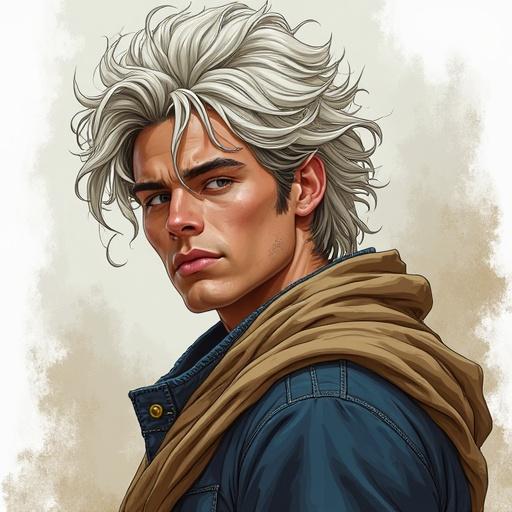 Colorful drawing of a young man with horns. Semi-god, half-man half-beast with platinum hair, appears youthful and wears fantasy clothing.