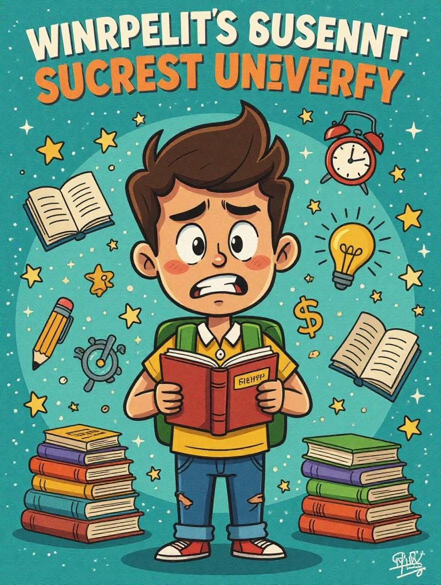 Cartoon style illustration of an irritable student holding a book surrounded by books, a clock, a lightbulb, and school supplies. The student looks worried and confused, portraying a typical school stress scenario.