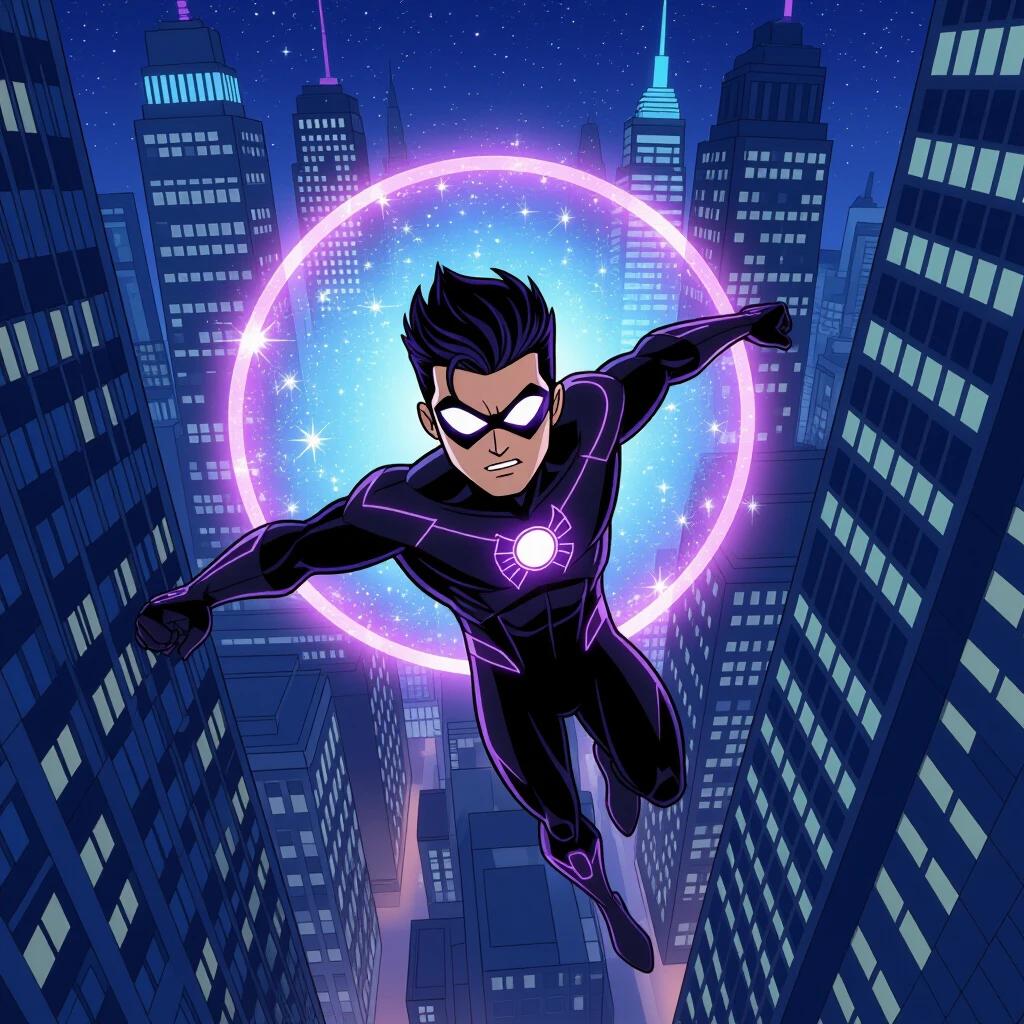 A superhero flying between tall skyscrapers at night. Sleek black suit with glowing purple accents. Bright crystal in the center emits swirling stars and cosmic energy. Vibrant cartoon style similar to Marvel animated shows. Dynamic lighting exaggerated action pose clean linework. Hero with a determined expression mid-flight with city lights below.