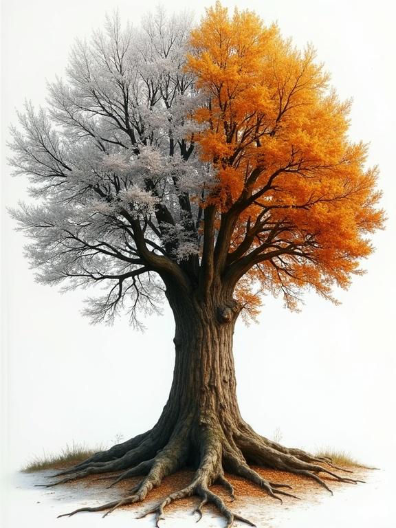 A hyper-realistic portrayal of a tree divided into seasons. Half of the tree is covered in vivid orange autumn leaves. The other half is barren and frosted with winter snow. The tree is large with thick roots visible. It represents the change of seasons with clear distinctions between the two sides.