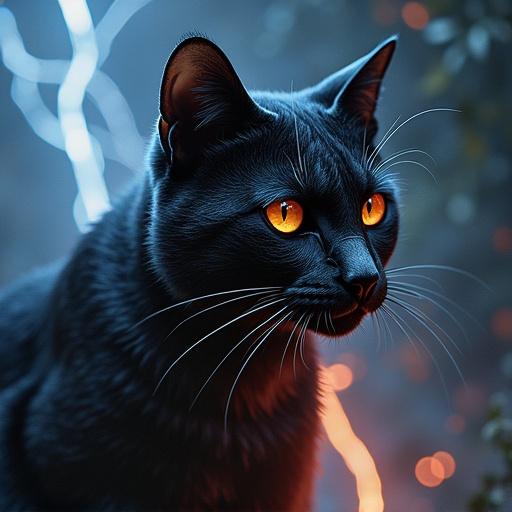 Close-up shot of a black cat with bright orange eyes. The background features dramatic lighting with blue and orange tones. The cat's features are shown clearly.