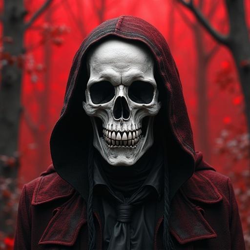 Black Forest Style Dead Collector, featuring a skeleton in a dark cloak. Bone-white skull, crimson-red forest background. Intense and dramatic scene with gothic elements.