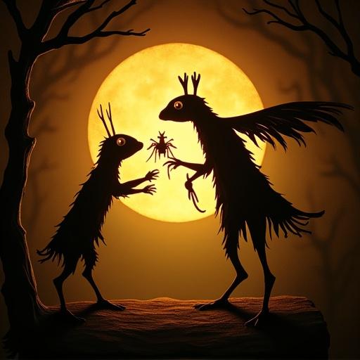 Shadow puppet theater features moth-like creatures. Two creatures interact near a large glowing moon. The silhouettes showcase a whimsical and magical atmosphere. Dark tree branches frame the image to enhance the shadow effect.