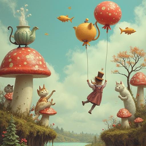 A whimsical floating village made of teapots and mushrooms. Cats wear top hats. Trees grow upside down. A child flies by holding balloons shaped like fish. Fantasy style with vibrant pastel colors. Surreal charm and playful elements.