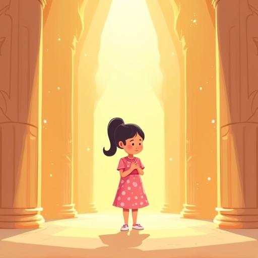 Cartoon illustration depicting a spiritual space with soft golden light. Layla, a girl in a pink polka dot dress, stands peacefully placing a wooden pillar. Five glowing pillars in a semi-circle behind her signify restoration. Minimalistic background enhances calm atmosphere.