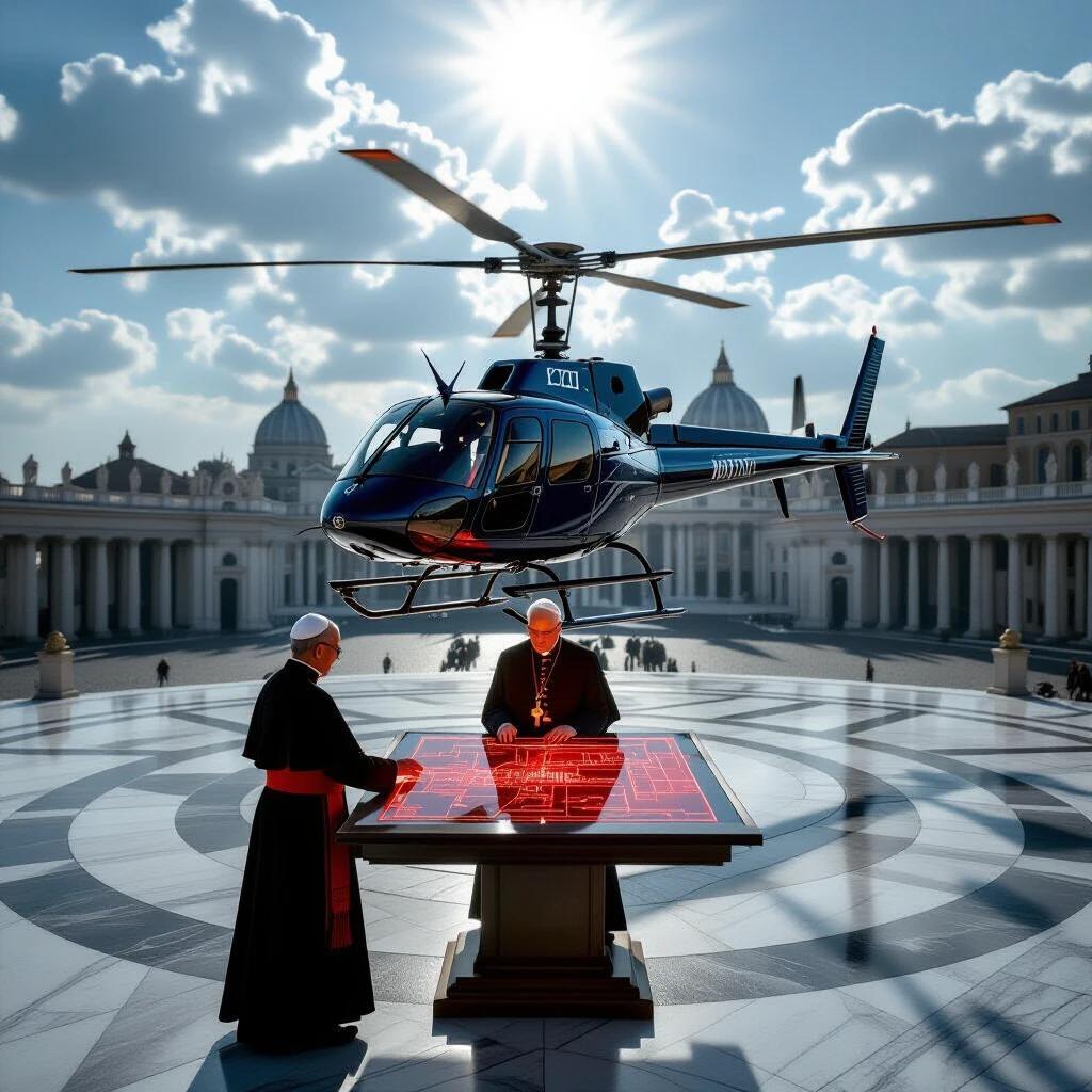 A sleek helicopter is landing on a marble helipad near St. Peter’s Basilica. Cardinal Dante is standing over a glowing digital map. The background features Renaissance architecture. The scene is under a radiant sky. The papal symbols glow in red.