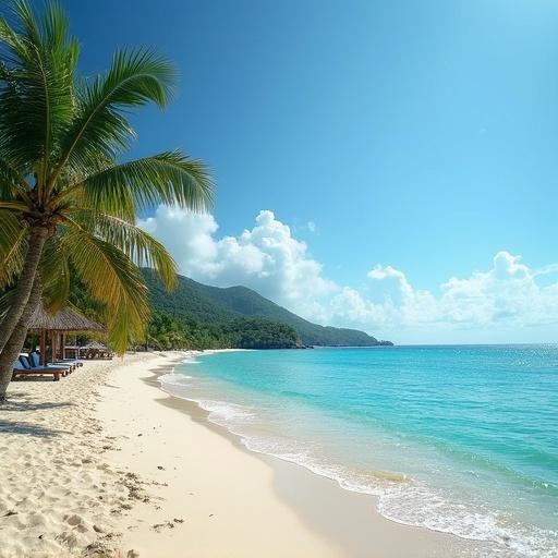 Tropical beach with palm trees and clear turquoise water under a bright blue sky. White sandy beach stretches along the shore. Lush green mountains in the background create a scenic backdrop.