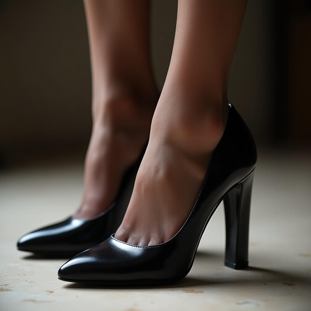 Close-up view of feet wearing black high-heeled shoes. The feet are in pantyhose, highlighting legs and elegance. The background is softly blurred, emphasizing the shoes.