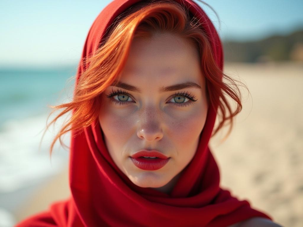 A woman with pale skin and vibrant red hair is featured in the foreground, wearing a striking red headscarf. The background showcases a serene beach with soft waves and a clear sky. The composition captures a close-up of her face, highlighting her expressive eyes and bold red lipstick, with natural sunlight illuminating her features.