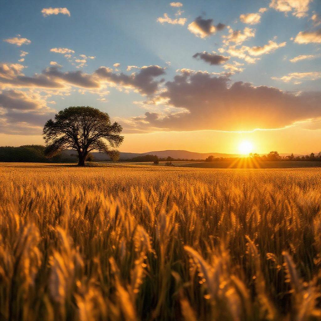 Stunning sunset over golden field with silhouetted trees. Warm colors fill the sky and illuminate the landscape.