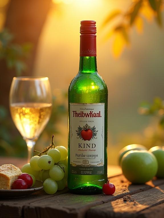 Photorealistic image of a green glass bottle resembling a traditional wine bottle on a rustic wooden table. The scene has warm, golden light with fruits and wine glasses. Elements include a white label with black and red accents and a red cap. Background is softly blurred with warm tones.