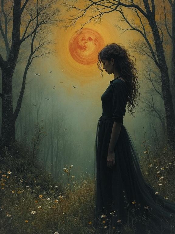 A figure stands in a dark dress amid a mystical landscape. The background showcases a golden sunset surrounded by trees. Flowers dot the grass underfoot, enhancing the serene atmosphere. Mystical and ethereal ambiance embodies the artwork's intent.