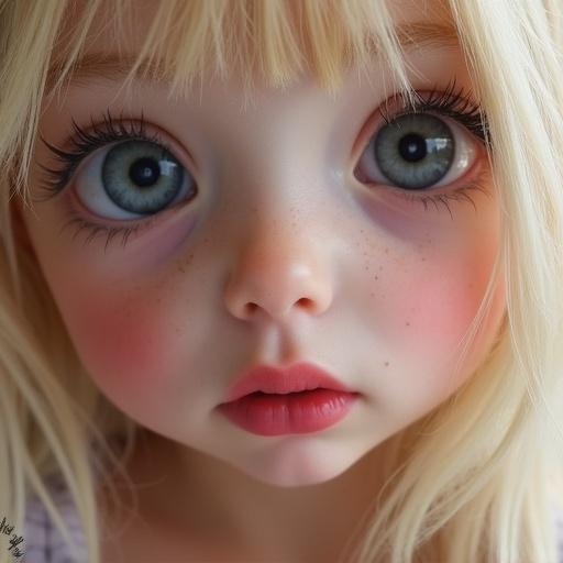 Close-up portrait of a cute girl with big grey eyes and juicy lips. She has soft blonde hair. The expression is innocent and playful.