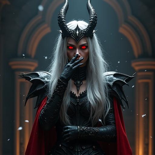 A demon queen with long silver hair and red eyes in a gothic throne room. She appears shy, shoulders hunched, one hand over her mouth, the other gripping a staff. Her eyes glance sideways avoiding contact. Blush on cheeks, lips parted as if whispering. She wears black and crimson armor and a gothic crown. Closed-off posture with tense legs. Magical particles surround her. Hyper-realistic detail with expressive features and body language.
