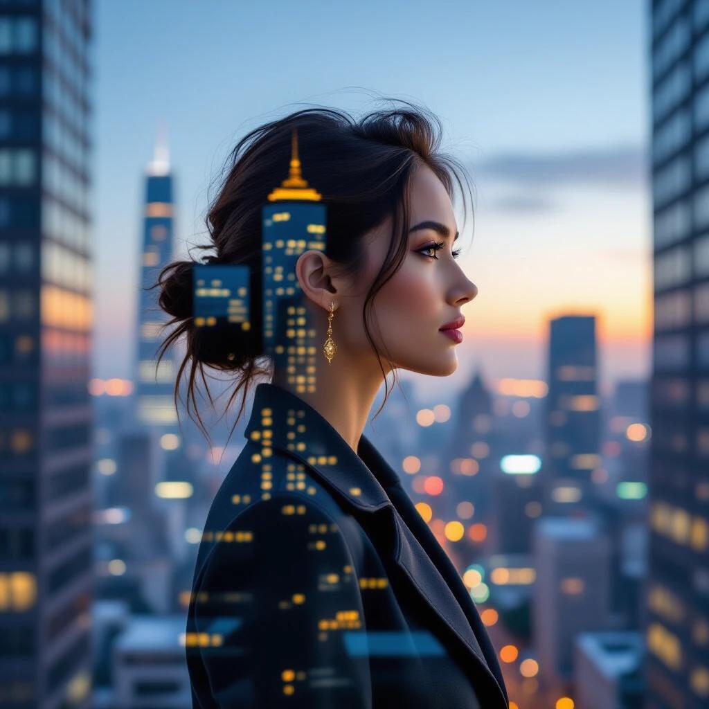 A woman's profile overlays with high-rise buildings. The background features glowing windows from skyscrapers. The setting is at sunset with a warm glow on the horizon.