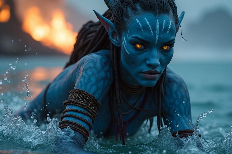 Na'vi female swimming towards safety in an ocean. Character has blue skin and glowing stripes. She looks fierce and determined with golden eyes. The backdrop features smoke and flames from a burning grove. Her attire is made of woven beads and cloth, soaked by water.