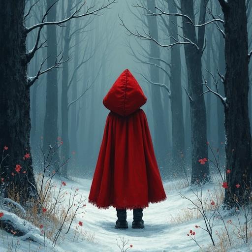A figure in a red cloak stands in the snowy woods. The figure looks back. Tall dark trees line the path. Snow falls softly around. Light blue eyes are visible beneath the hood. The painting has an impasto style.