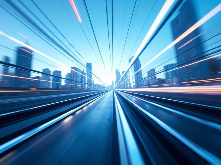 Abstract design featuring motion lines in blue colors. Bright sky with white clouds at horizon. Perspective view of a rail tunnel leading through a cityscape.