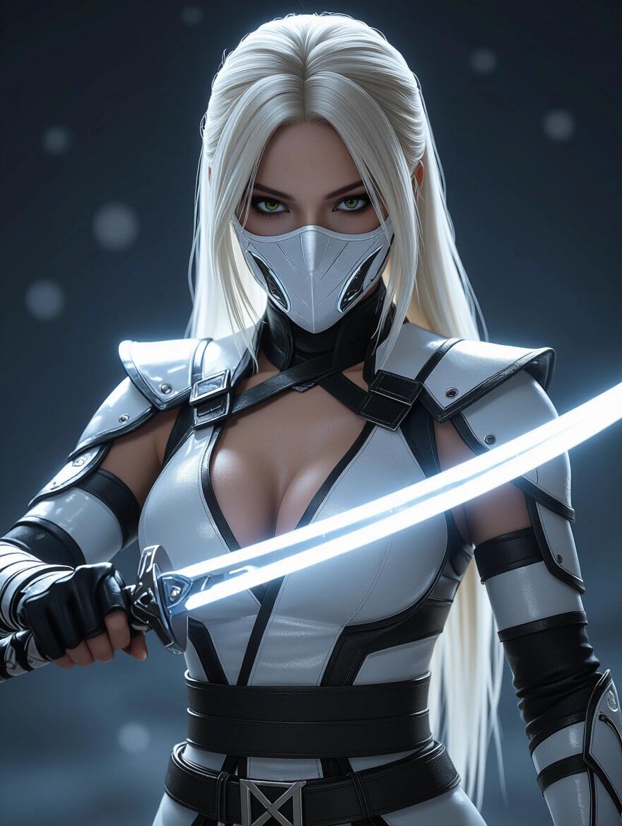 Realistic depiction of a female warrior character dressed in a tight combat suit. Suit is glowing white with shiny accents. Character has long blonde hair. She holds a sword.