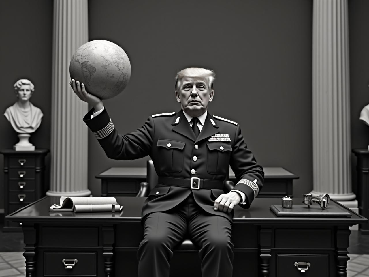 The image depicts a man dressed in a military-style uniform, seated casually on a grand desk in an ornate room. He is balancing a globe on his hand, symbolizing a whimsical take on global leadership. The man has a playful expression, suggesting humor and satire. There are classical-style busts and tall filing cabinets in the background, enhancing the historical ambiance of the setting. The overall tone is black and white, evoking a classic film feel, hinting at themes of power and absurdity.