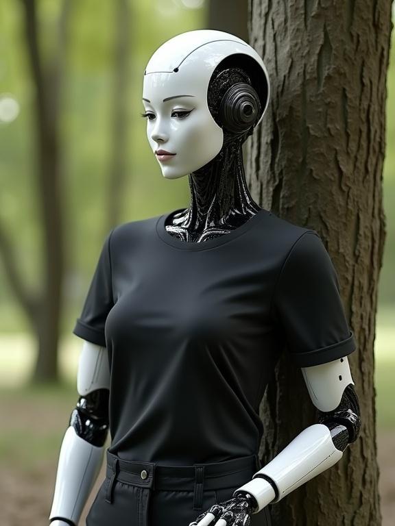 Photo-realistic humanoid female robot wearing a black t-shirt. Robot leans against a tree, one hand on side and the other hand resting. Visible from the knees up in a natural setting.