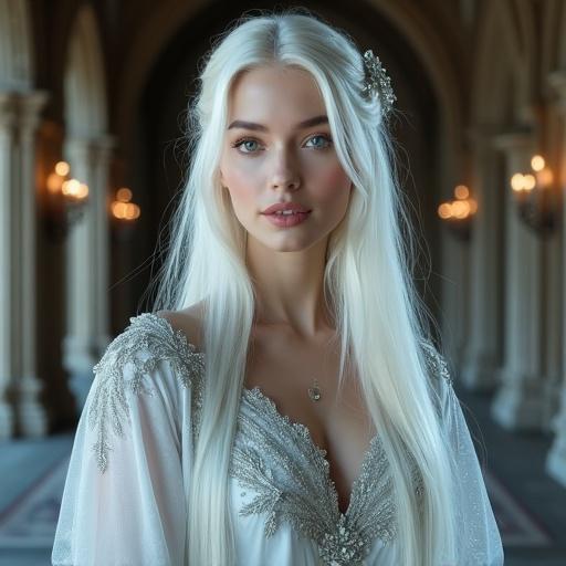Masterpiece featuring an elegant woman around 25 years old. Long straight platinum blonde hair with icy crystal hair ornament. Calm smile and porcelain-smooth pale skin. Delicate face with soft features and symmetrical beauty. Full bust visible in ethereal gown made of icy fabrics. Noble medieval fashion with silver embroidery. Standing in a candlelit dining hall with tall windows. Soft magical lighting enhances the fantasy ambiance.