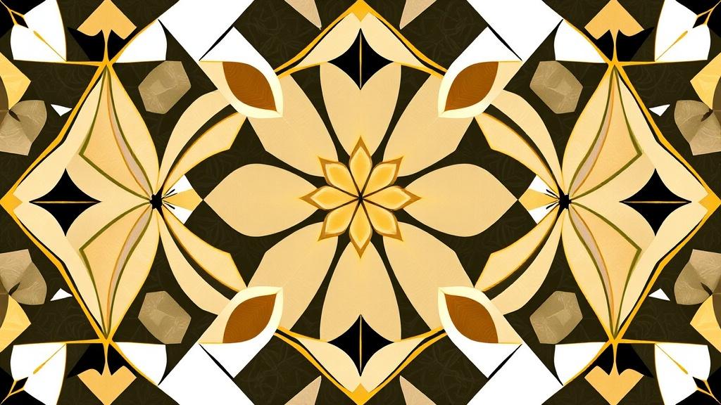 A digital artwork showcasing a symmetrical floral pattern with geometric accents. Dominated by shades of gold, cream, and black, it features stylized petals radiating from a central flower motif. The composition creates a sense of harmony and elegance through its precise balance and intricate detailing.