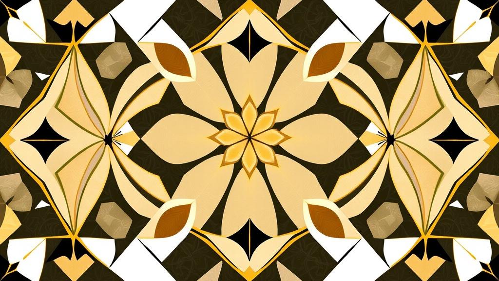 A digital artwork showcasing a symmetrical floral pattern with geometric accents. Dominated by shades of gold, cream, and black, it features stylized petals radiating from a central flower motif. The composition creates a sense of harmony and elegance through its precise balance and intricate detailing.