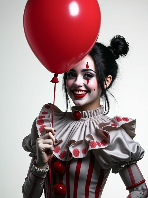 Clown with exaggerated makeup and costume holding a red balloon. Background is plain and bright. Emphasis on details and textures. Realistic shadows enhance the image depth.