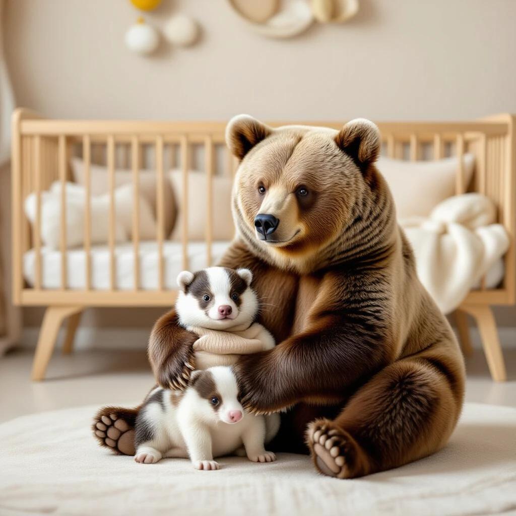 A cute brown bear is sitting on the floor with two baby bears in a beautifully designed baby room. The room features a crib and soft furnishings in pastel colors, creating a warm environment.
