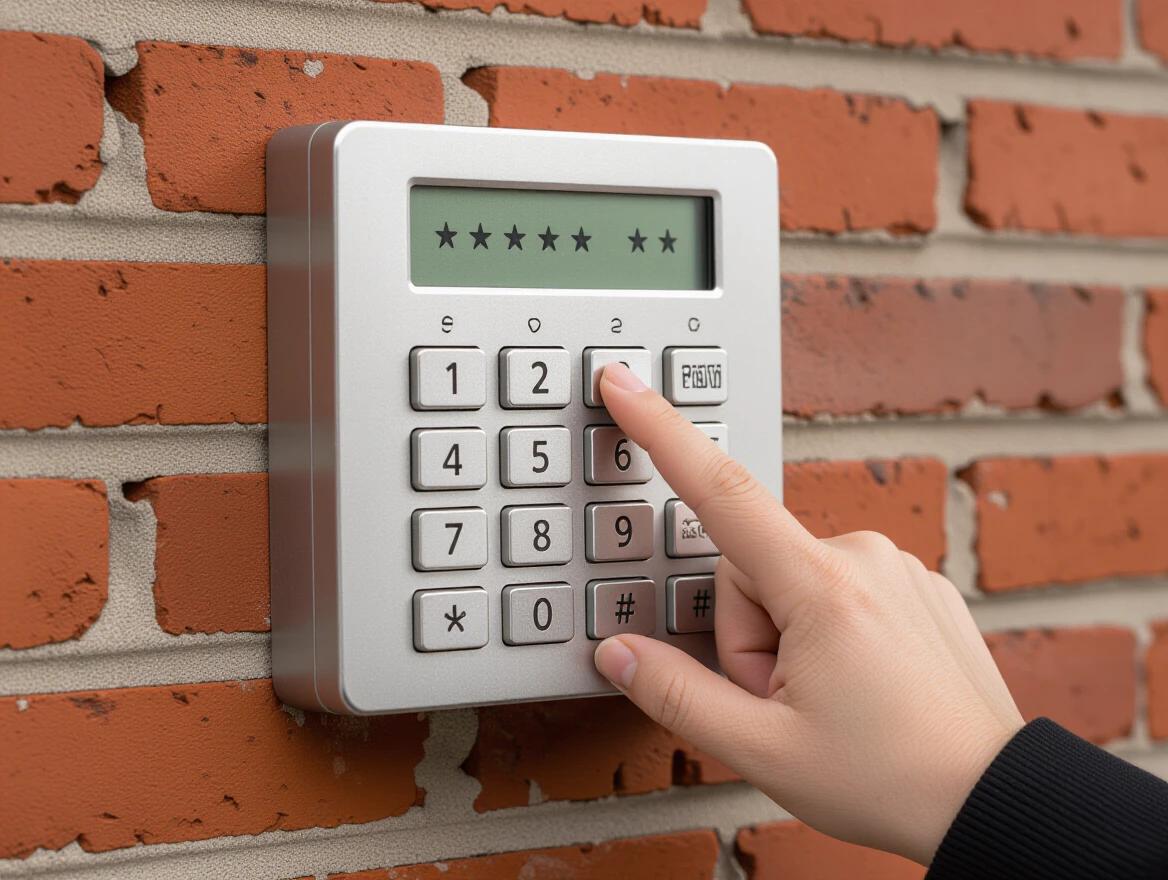 Image shows a security keypad mounted on a brick wall. Hand is pressing the number keys. Display screen shows stars as the code is entered. The photo has a realistic and slightly retro gritty feel.