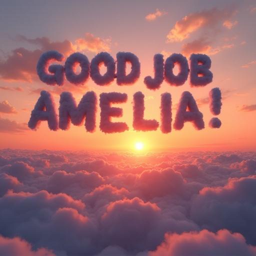Photorealistic sunset background with the text 'GOOD JOB AMELIA!' written in fluffy clouds above soft pink and orange hues