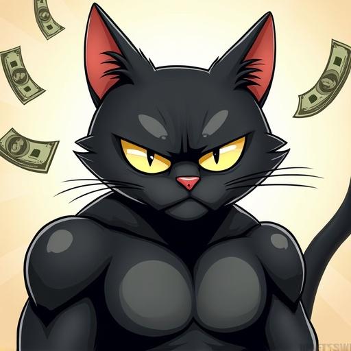 Cartoon of a muscular black cat with a serious expression. Cat wears white shades. Background filled with dollar bills.
