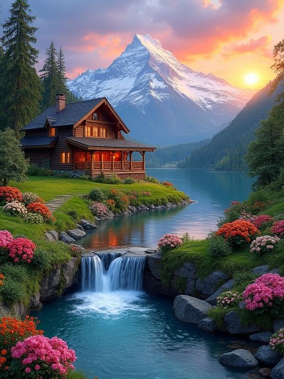 Stunning landscape with a tranquil wooden house floral gardens and a gentle waterfall. Majestic snow-capped mountain under a colorful sunset sky. Lush greenery and vivid flowers create a dreamlike atmosphere.