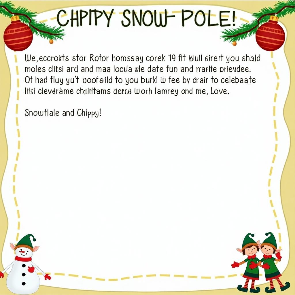 A playful letter from elves named Chippy and Snowflake. The letter expresses excitement about returning from the North Pole and celebrating Christmas. Illustrations of elves and festive elements enhance the holiday spirit.