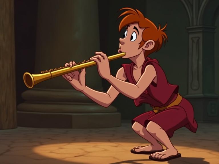 young animated character playing a golden flute in a historical setting engaging with music