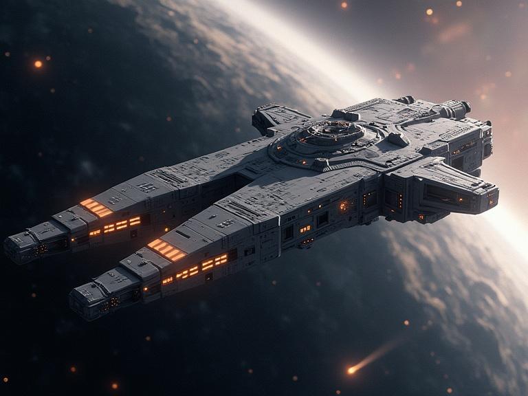 Photorealistic detailed space station in orbit near planet with docking spaceships visible in the background.