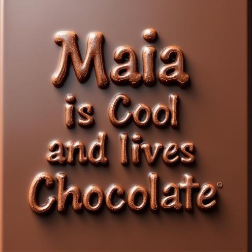Text says Maia is Cool and loves Chocolate which appears to be made of chocolate. The letters are shiny and embossed on a brown chocolate background.