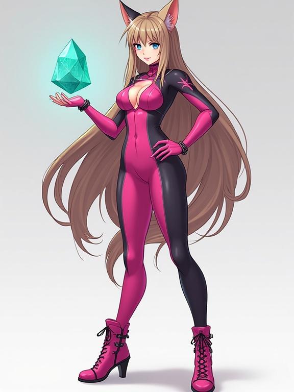 Woman with long light brown hair. Cat ears and blue eyes. Perky breasts. Wears dark pink bodysuit and pink combat heels. Holding a teal glowing crystal in hand. Full body render in Xenoblade Chronicles 2 art style.