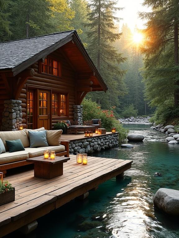 Image depicts a serene forest cabin beside a clear stream. The cabin is rustic with wooden structure and stone accents. Outdoor lounge area features comfortable seating and lit candles. Tall evergreen trees are visible in the background. Sunlight casts a golden hue on the scene. The water is clear with visible stones beneath.
