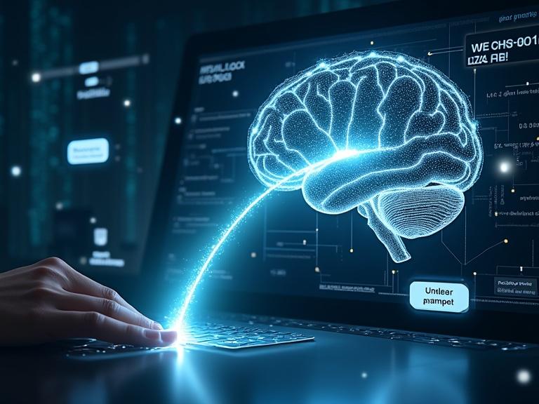 A futuristic educational scene displays prompt engineering. A person types in a glowing text box. The prompt states explain quantum computing for high school students. An AI model resembles a large neural network brain made of light. One output is a precise explanation. The other is vague text marked unclear prompt. Visual metaphors include arrows, speech bubbles, and icons for clarity. The background features digital patterns and code.