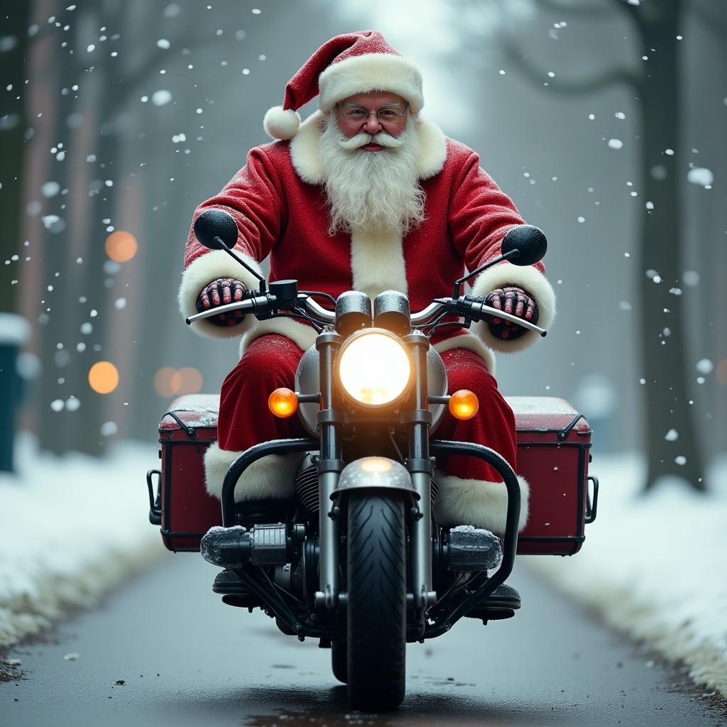 Santa Claus riding a BMW Boxer motorcycle through a snowy landscape. Santa wears a traditional red outfit with white trim. Snow falls gently around. A festive winter atmosphere is present.