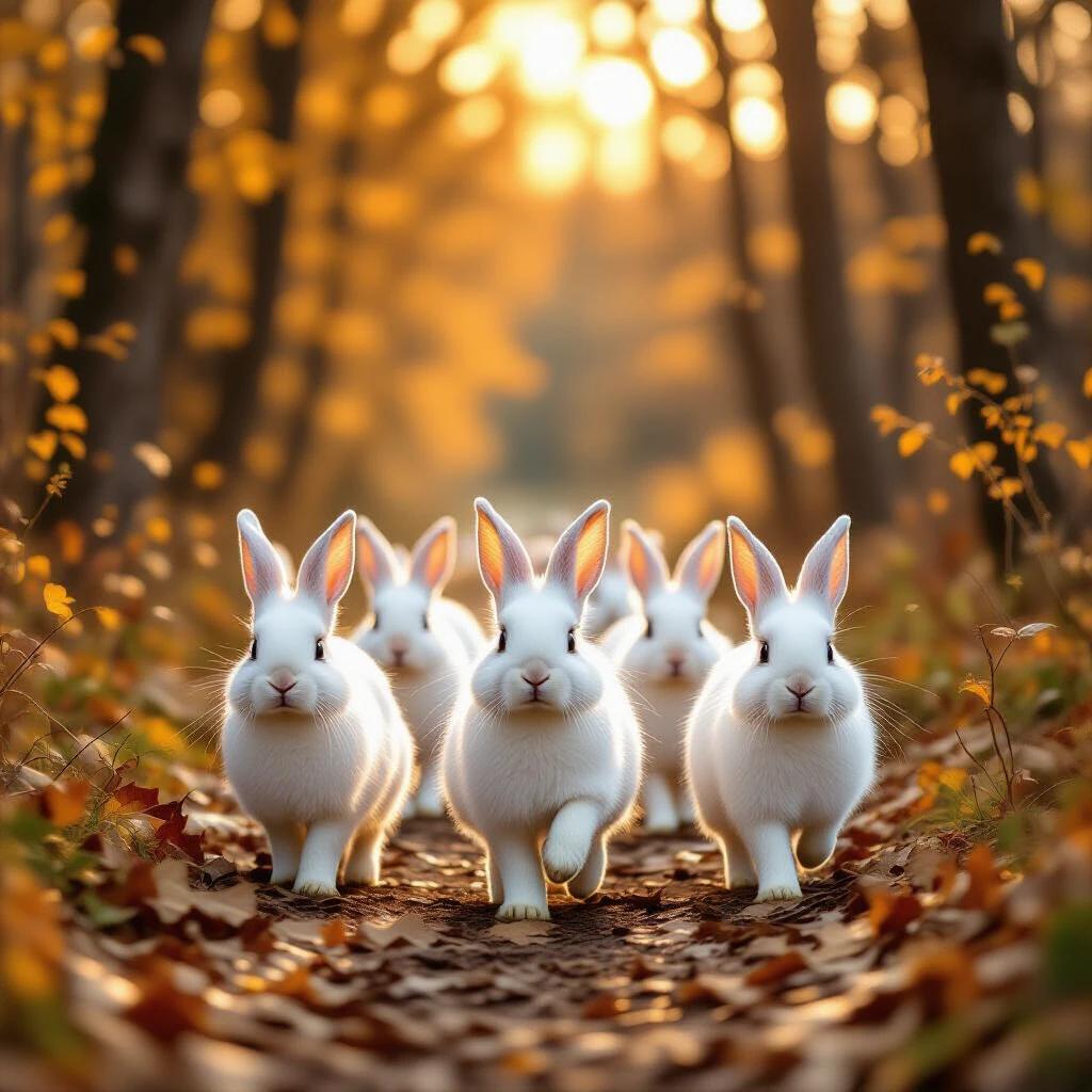 Group of soft-furred white rabbits with upright ears walking calmly towards the camera along a wooded path illuminated by golden sunset light. The path is covered with autumn leaves flanked by tall mossy-trunked trees. Small fireflies begin to glow among the bushes and the air has a slight magical glow. Dreamy and warm illustration style.
