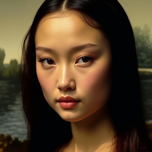 Portrait of a serene young woman with a subtle smile and refined beauty. Incorporates soft Japanese facial features like a rounded chin and gentle cheekbones. Almond-shaped large eyes reflect kindness. Skin appears porcelain smooth with a flawless look. Dark brown irises softly reflect light. Full pink lips enhance elegance. Glossy black hair styled like Mona Lisa's rests on shoulders. Delicate circuit patterns blend futuristic elements with classical style.